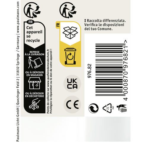 Etikett mit Recycling- und Barcode-Infos: 'Cet appareil se recycle', 'I Raccolta differenziata', Symbol für Mülltonne.